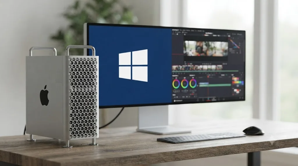 Illustration of an Intel Mac tower displaying a Windows logo on half its screen next to a running DaVinci Resolve 21 icon
