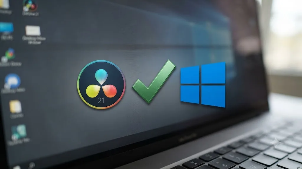 Illustration of a checkmark next to a Windows 10 logo and a DaVinci Resolve 21 application icon