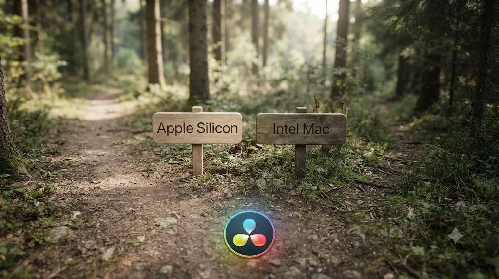 Illustration of two diverging paths labeled Apple Silicon and Intel Mac, with the DaVinci Resolve icon only continuing down the Apple Silicon path