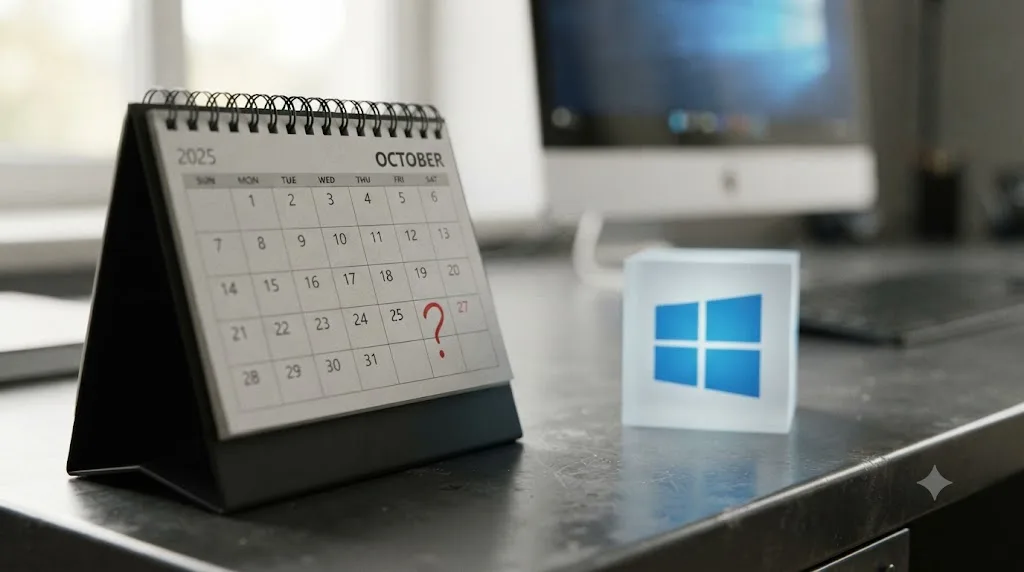 Illustration of a calendar with a question mark over a future date next to a Windows 10 logo