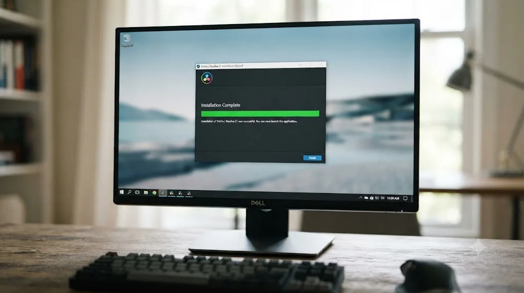 Illustration of a DaVinci Resolve 21 install progress bar completing successfully on a Windows 10 desktop