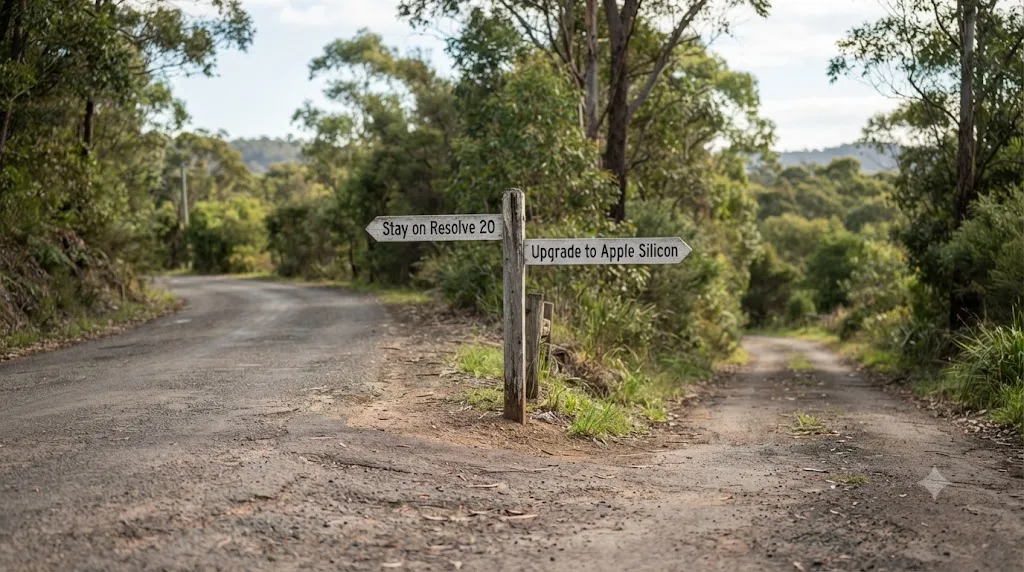 Illustration of a fork in the road with signs reading Stay on Resolve 20 and Upgrade to Apple Silicon