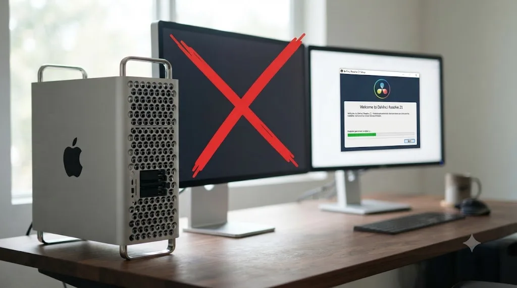 Illustration of an Intel Mac Pro tower marked as unsupported next to a DaVinci Resolve 21 install window