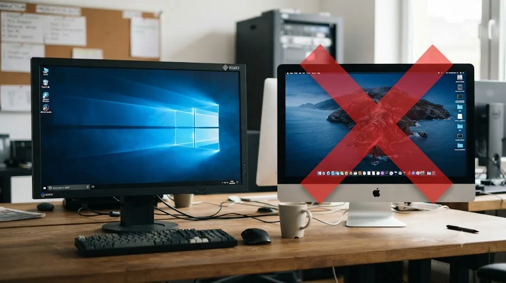 Illustration of a Windows 10 desktop and an Intel Mac desktop side by side, with only the Mac marked as unsupported