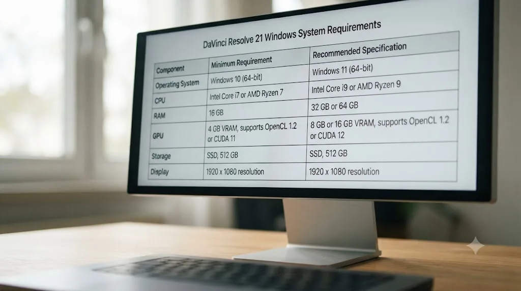 Illustration of a DaVinci Resolve 21 Windows system requirements table displayed on a monitor