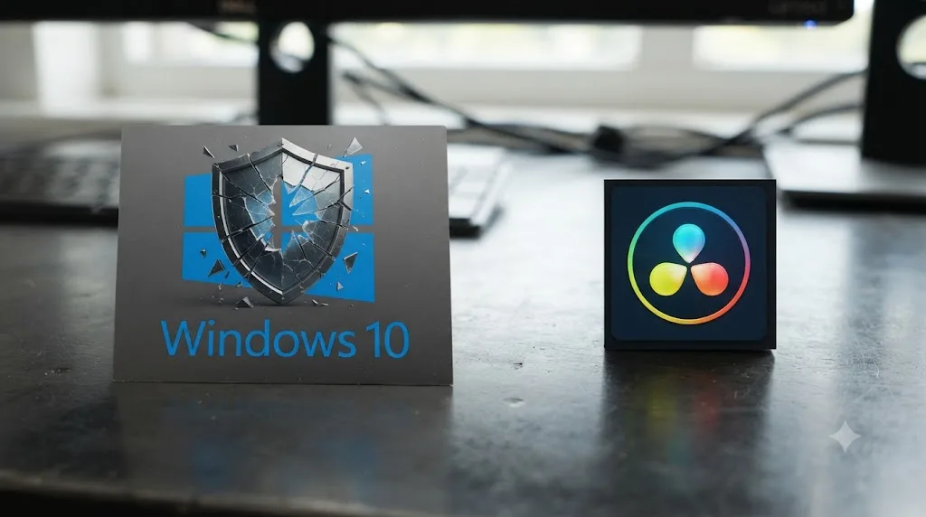 Illustration of a cracked security shield icon over a Windows 10 logo, shown separately from a DaVinci Resolve 21 icon running normally