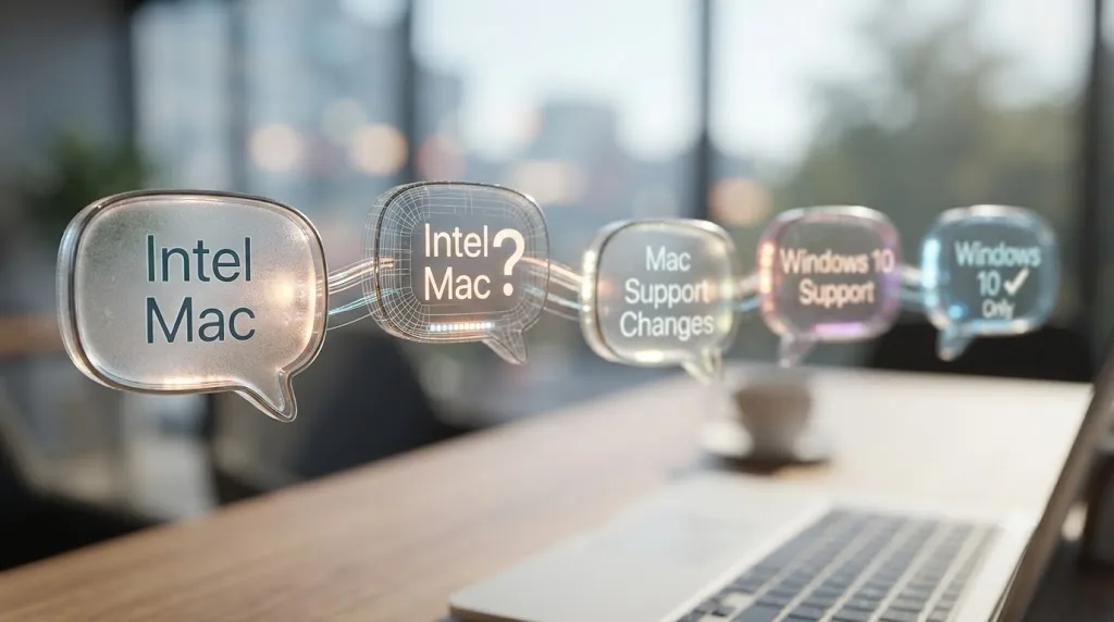 Illustration of a chain of speech bubbles showing a claim changing from Intel Mac support to Windows 10 support
