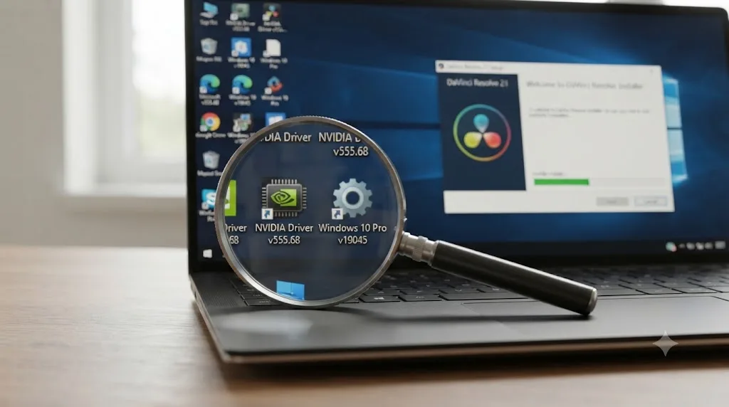 Illustration of a magnifying glass checking GPU driver and system icons on a Windows 10 desktop next to a DaVinci Resolve 21 install window