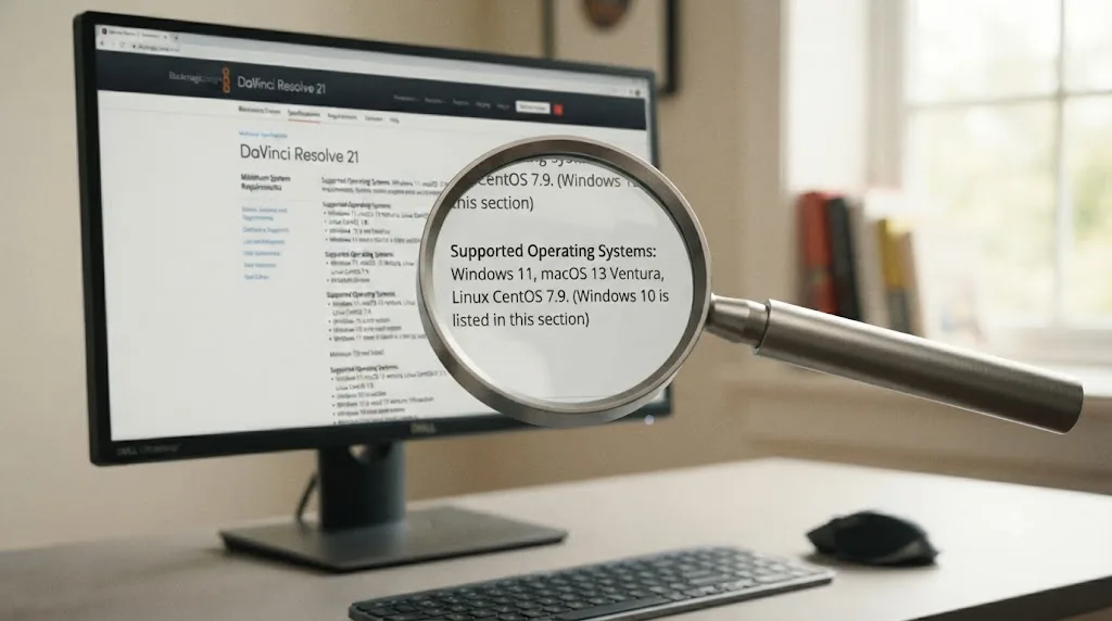 Illustration of a magnifying glass hovering over a system requirements page, checking a platform support claim against the source