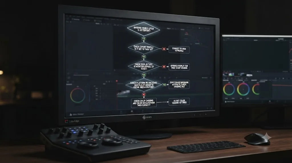 Illustration of a troubleshooting flowchart for diagnosing banding that appears after a 10-bit DaVinci Resolve export