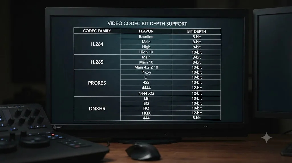 Illustration of a codec comparison table showing bit depth for H.264, H.265, ProRes, and DNxHR export formats