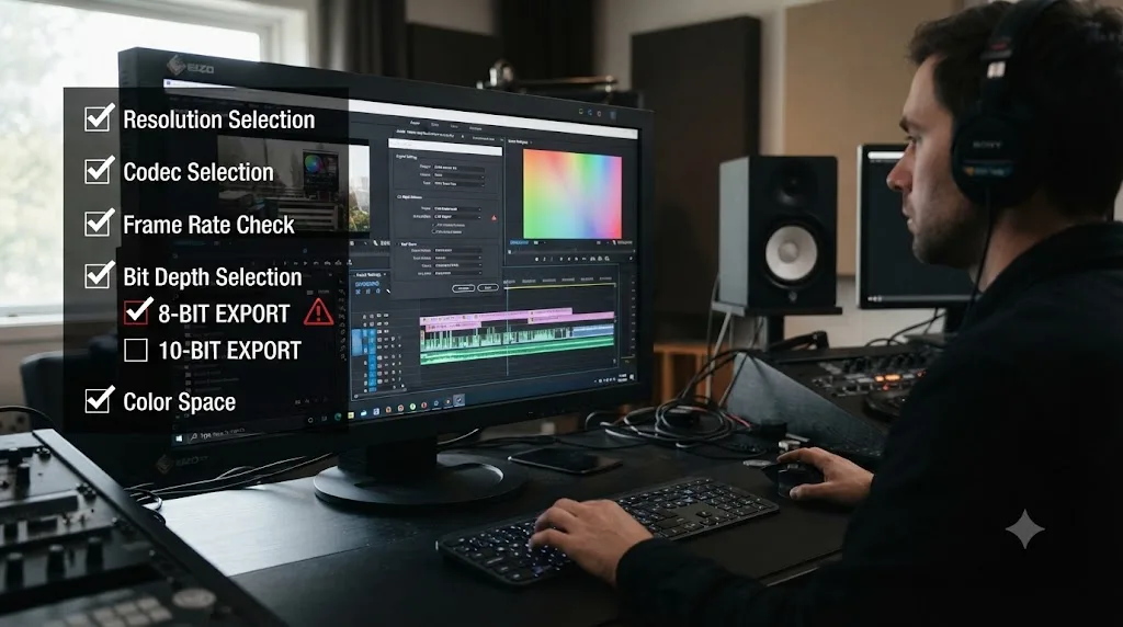 Illustration of a checklist of common mistakes when choosing between 8-bit and 10-bit export in DaVinci Resolve