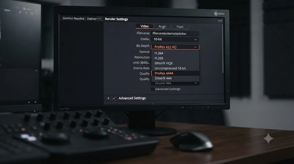Illustration of DaVinci Resolve's Deliver page Video panel with a 10-bit codec option selected in the dropdown