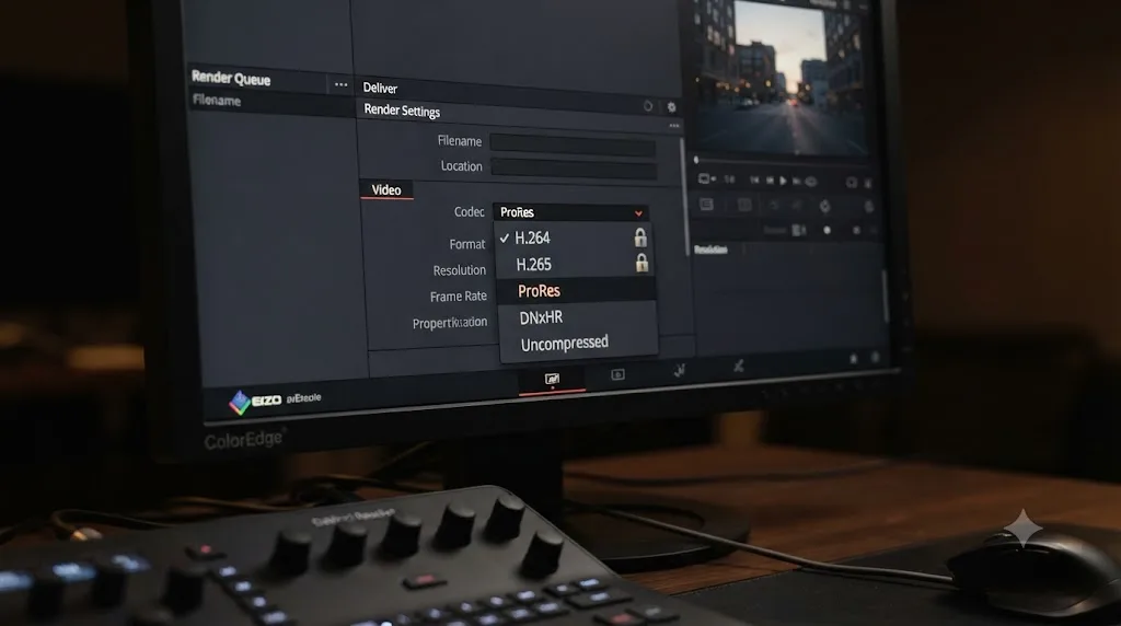Illustration of DaVinci Resolve's Deliver page codec dropdown highlighting which formats are locked to 8-bit