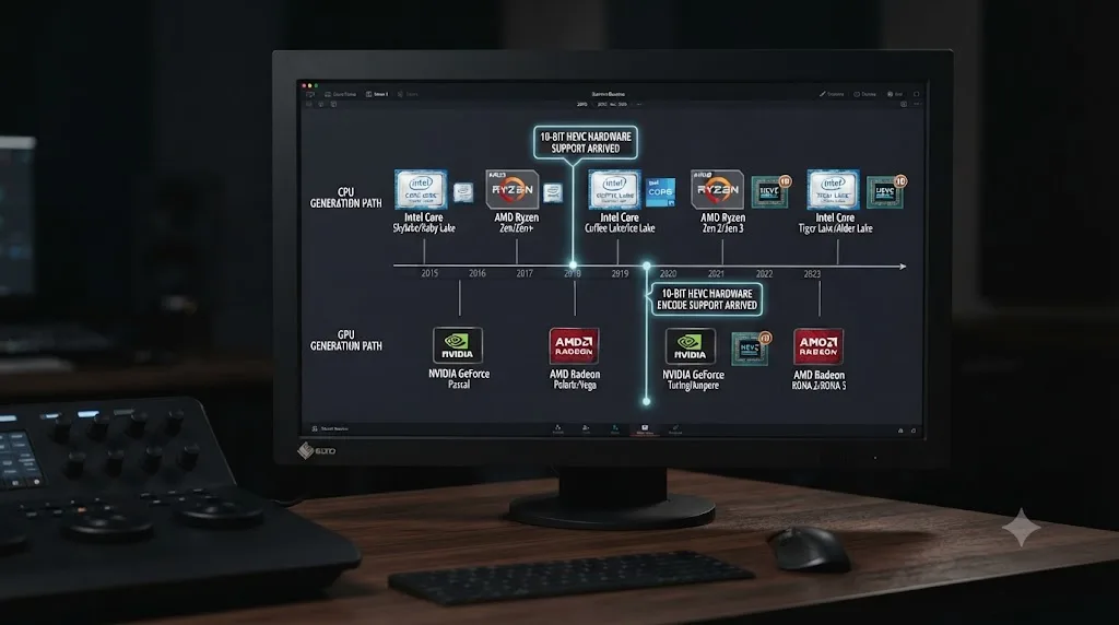 Illustration of a hardware generation timeline marking when 10-bit HEVC hardware encoding support arrived for each GPU and CPU path