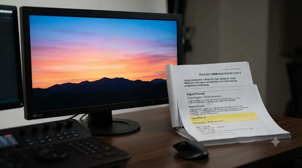 Illustration of an HDR graded sky next to a specification sheet noting a 10-bit minimum bit depth requirement