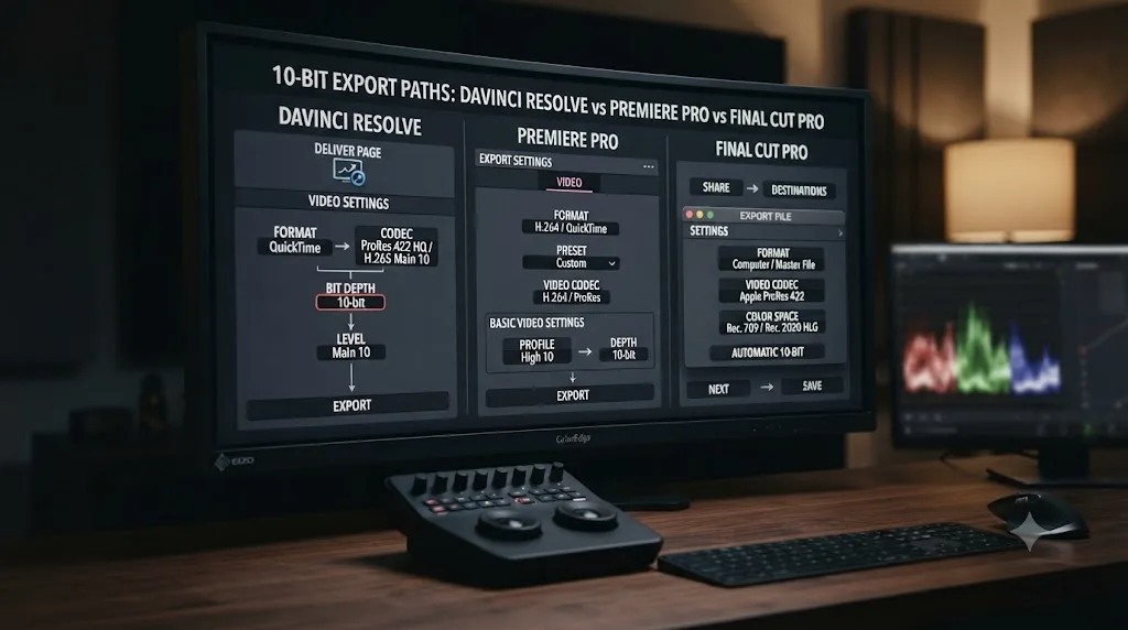 Illustration of a comparison chart showing DaVinci Resolve, Premiere Pro, and Final Cut Pro 10-bit export paths side by side