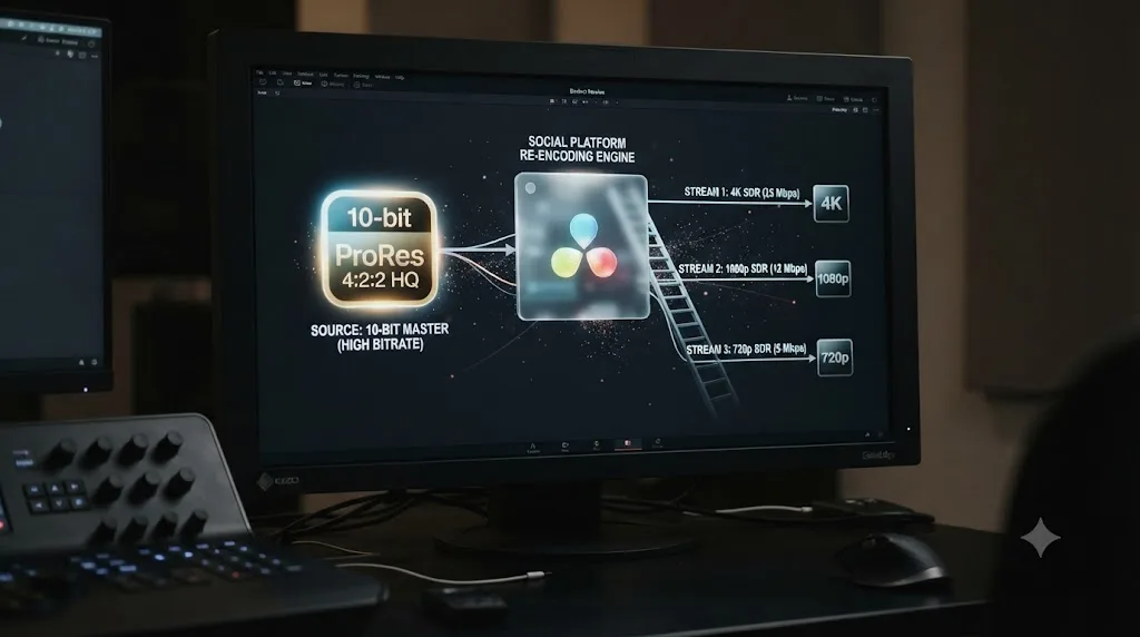 Illustration of a 10-bit video file being re-encoded down to a standard SDR bitrate ladder during a social platform upload