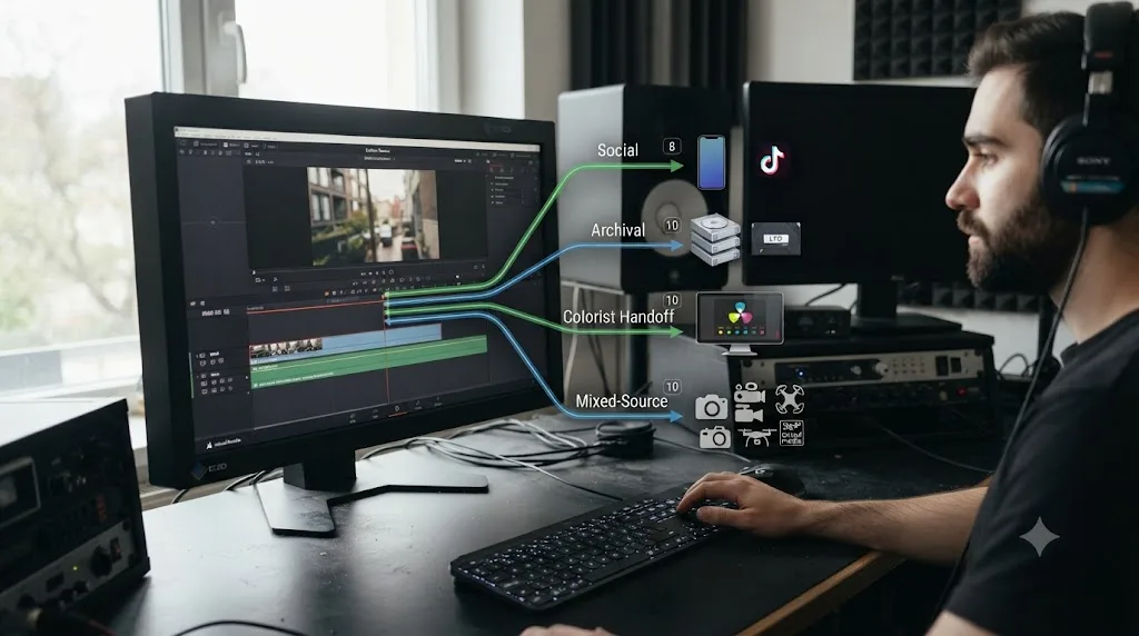 Illustration of four parallel export paths from one DaVinci Resolve timeline branching to social, archival, colorist handoff, and mixed-source destinations