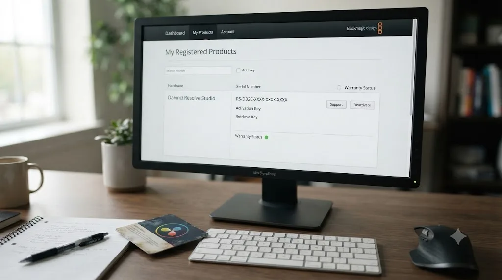 Illustration of a Blackmagic account dashboard showing a registered serial number without a retrievable activation key