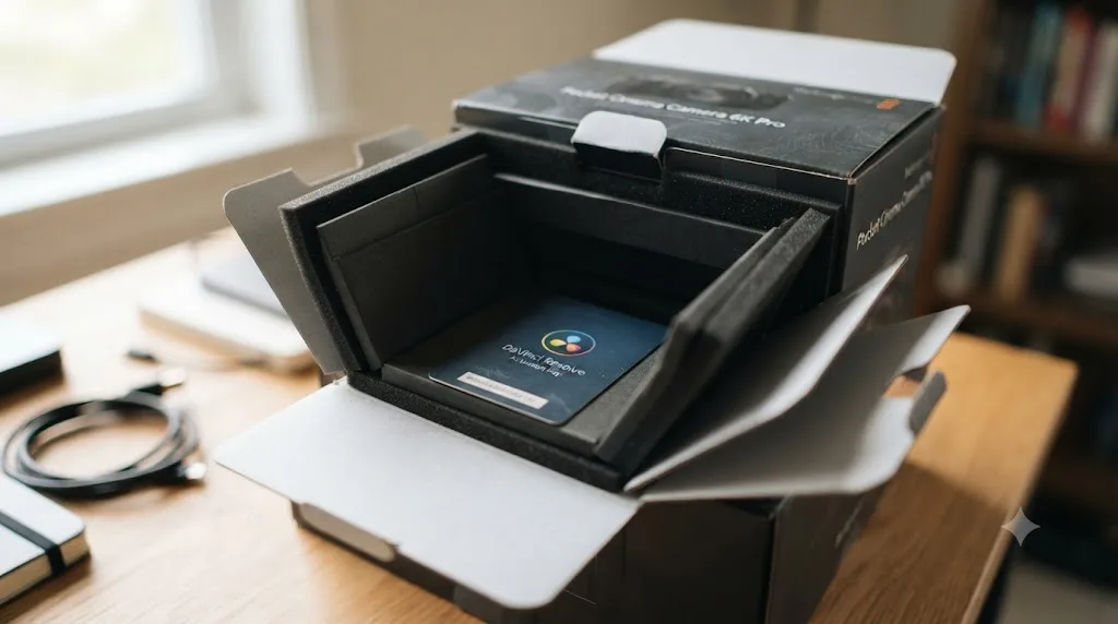 Illustration of an open Blackmagic camera box with packaging pulled back to reveal a hidden DaVinci Resolve activation key card
