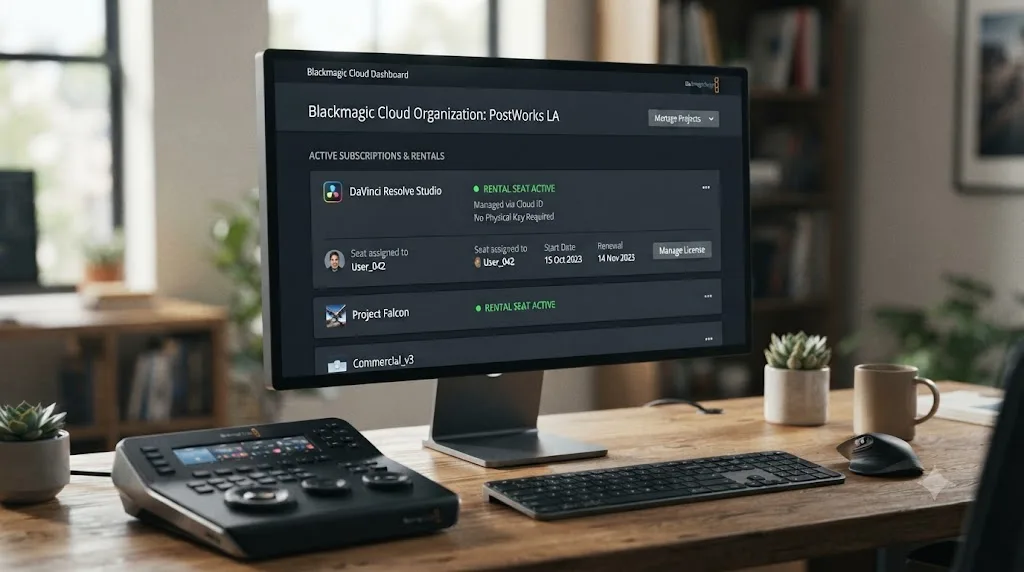 Illustration of a Blackmagic Cloud dashboard managing a DaVinci Resolve Studio rental seat with no physical activation card involved