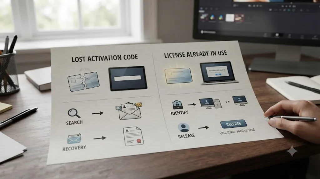 Illustration of a comparison chart distinguishing a lost DaVinci Resolve activation code from a license already in use error