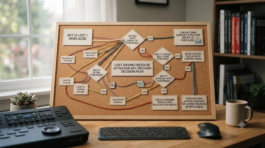 Illustration of a decision tree flowchart mapping lost DaVinci Resolve activation key scenarios to recovery paths