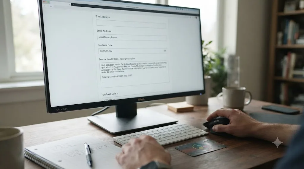 Illustration of a support ticket form being submitted with purchase details to recover a lost DaVinci Resolve activation key