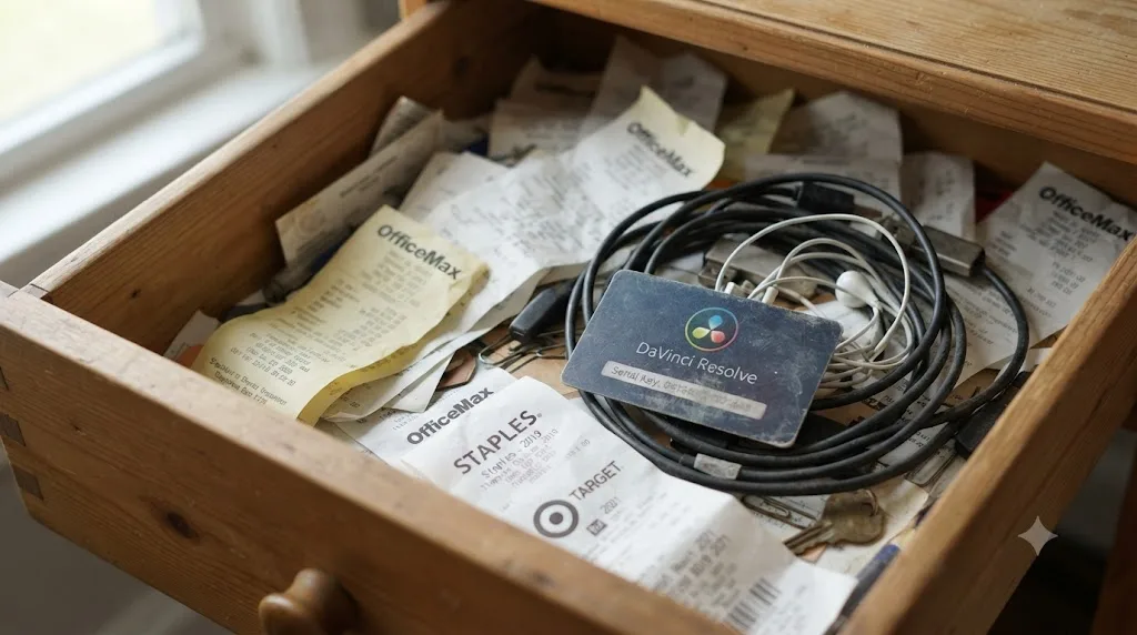 Illustration of a faded DaVinci Resolve activation key card mixed among old receipts in a desk drawer