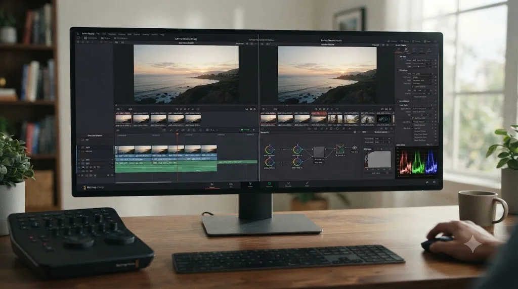 Illustration of the same DaVinci Resolve project open side by side in the free version and Studio version