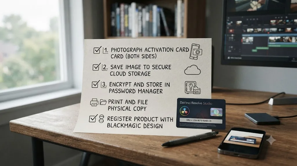 Illustration of a checklist of backup habits for preventing a lost DaVinci Resolve activation code