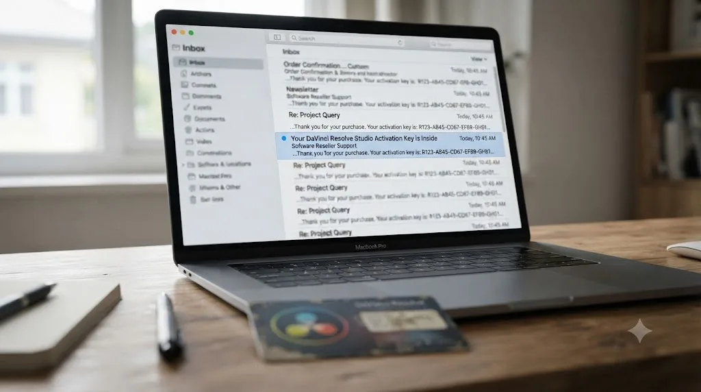 Illustration of an email inbox with a highlighted reseller message containing a DaVinci Resolve activation key
