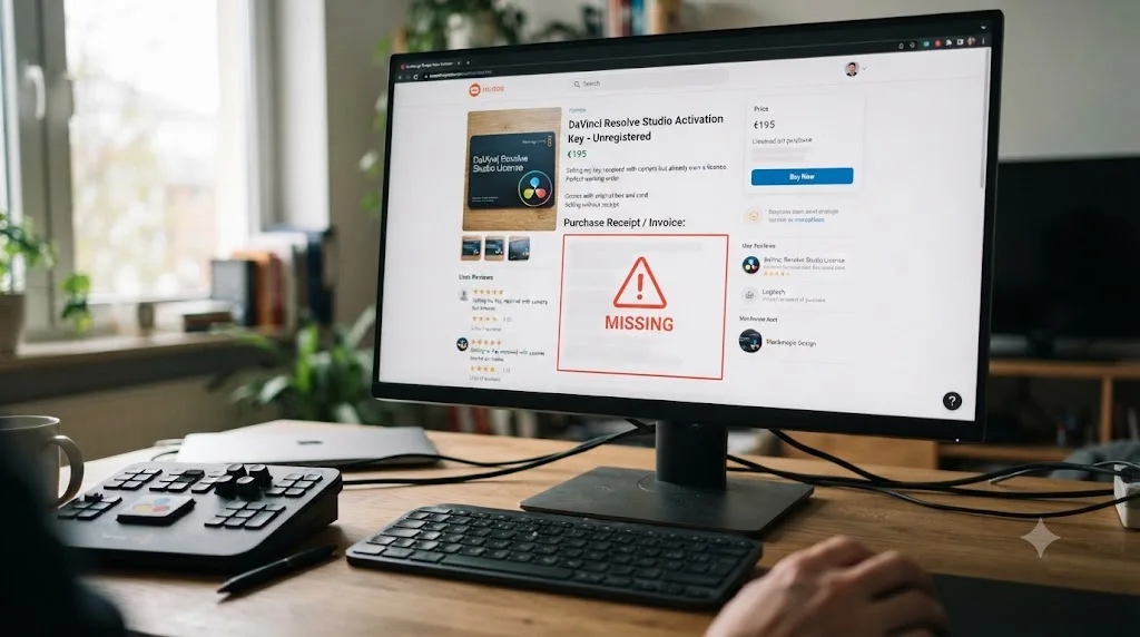 Illustration of a secondhand DaVinci Resolve activation key listing with a warning over the missing purchase receipt