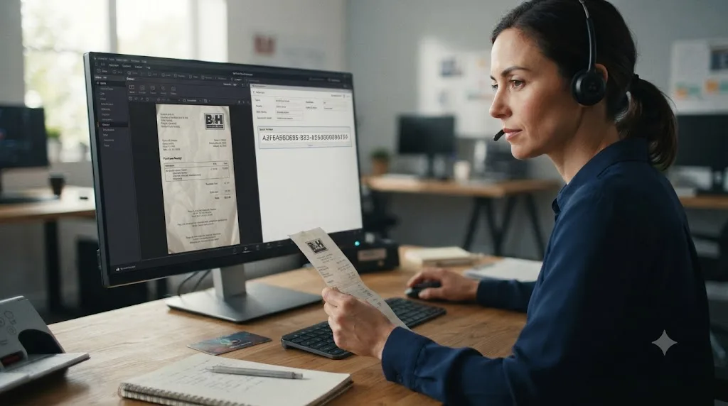 Illustration of a support agent reviewing a purchase receipt and serial number to verify a DaVinci Resolve activation key