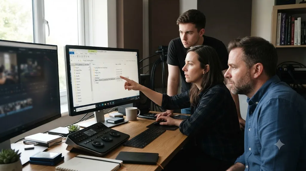 Illustration of a small production team checking a shared drive for a missing DaVinci Resolve activation key