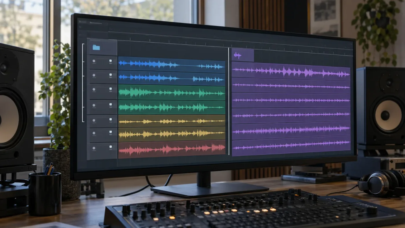 Illustration of Fairlight Folder Tracks organizing an Adaptive 5 workflow in DaVinci Resolve 21