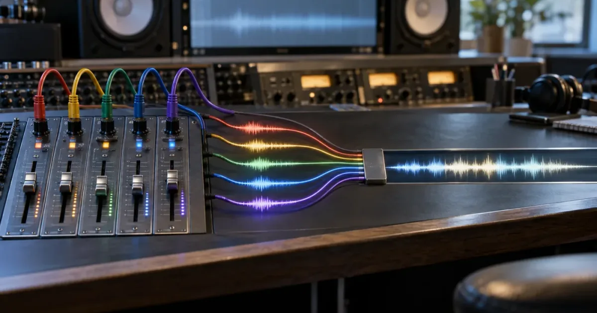 Illustration of five embedded audio channels grouped into one Adaptive 5 track
