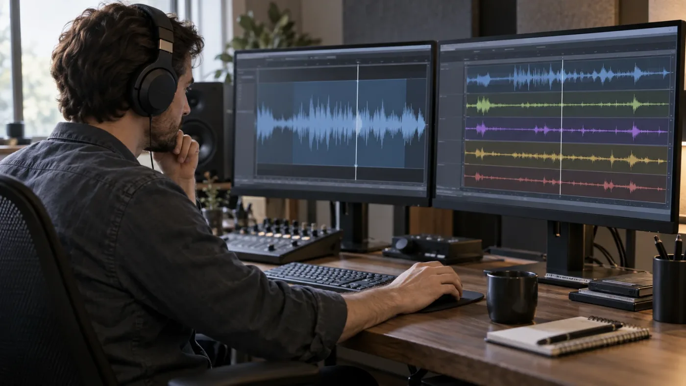 Illustration of dialogue editing with five grouped channels inside an Adaptive 5 track
