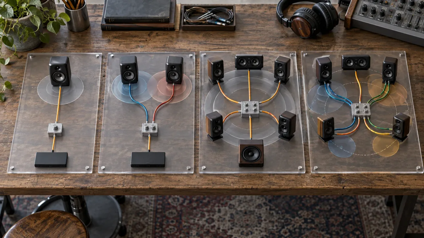 Illustration of DaVinci Resolve audio track types compared by channel layout