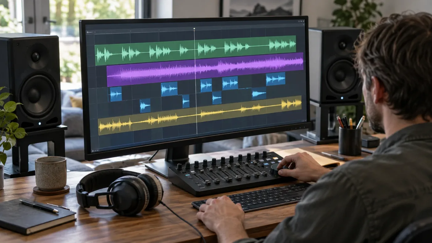 Illustration of dialogue, music, and sound effects on separate audio tracks