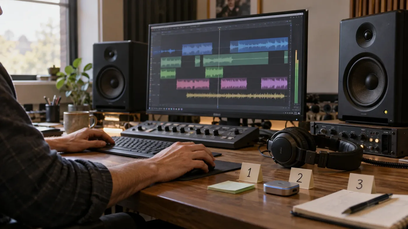 Illustration of the DaVinci Resolve AI Audio Assistant mixing workflow