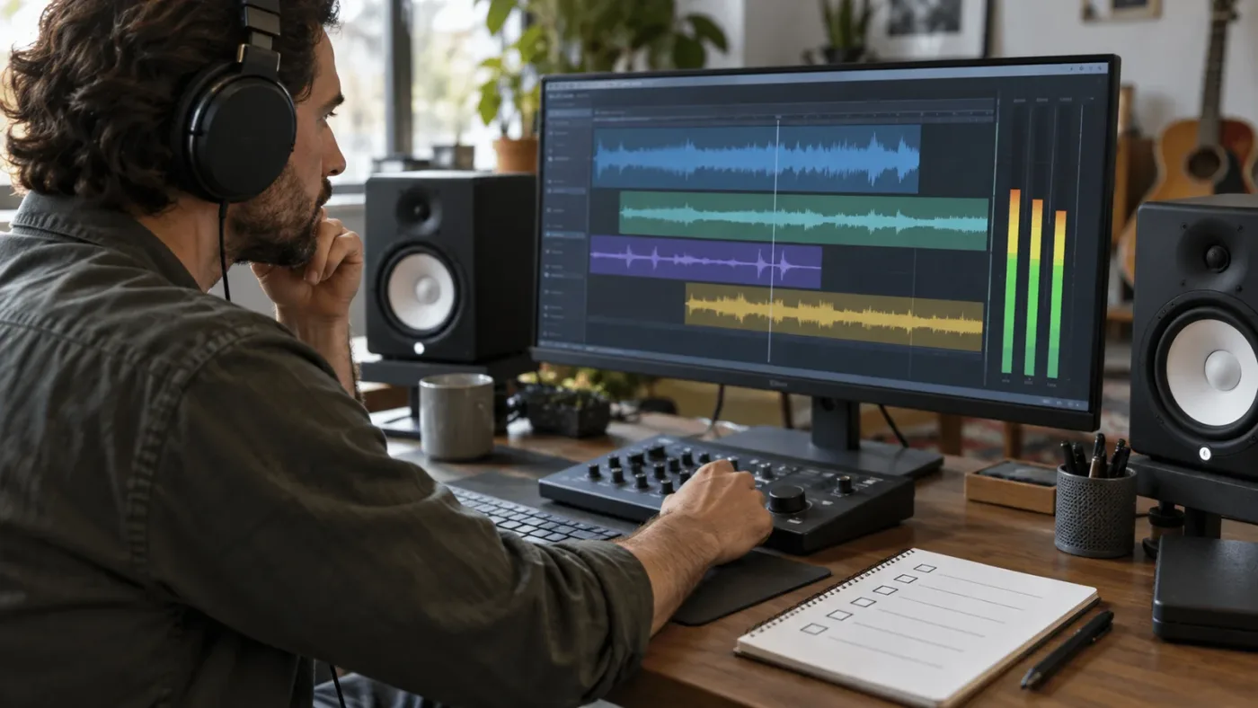 Illustration of a quality-control checklist for an audio mix