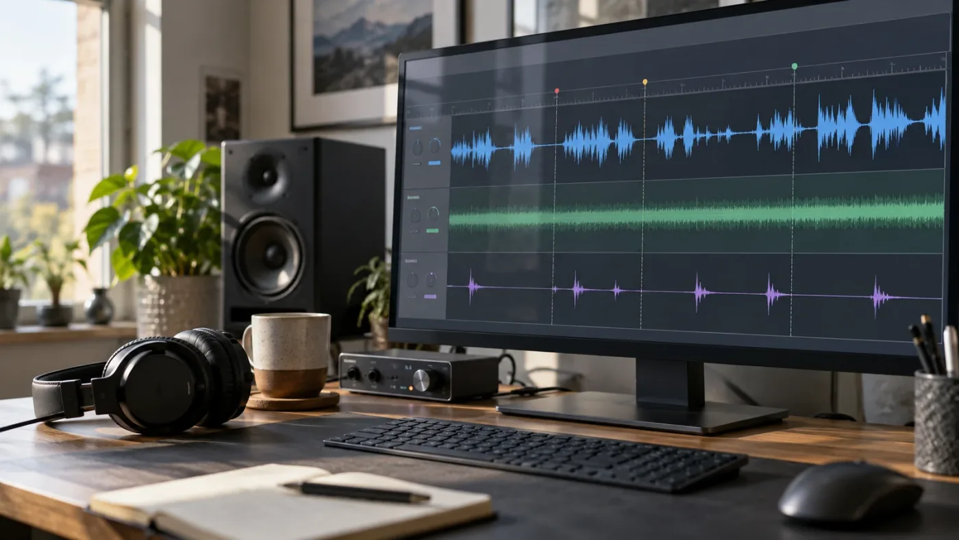 Illustration of dialogue, music, and effects review points in a video edit