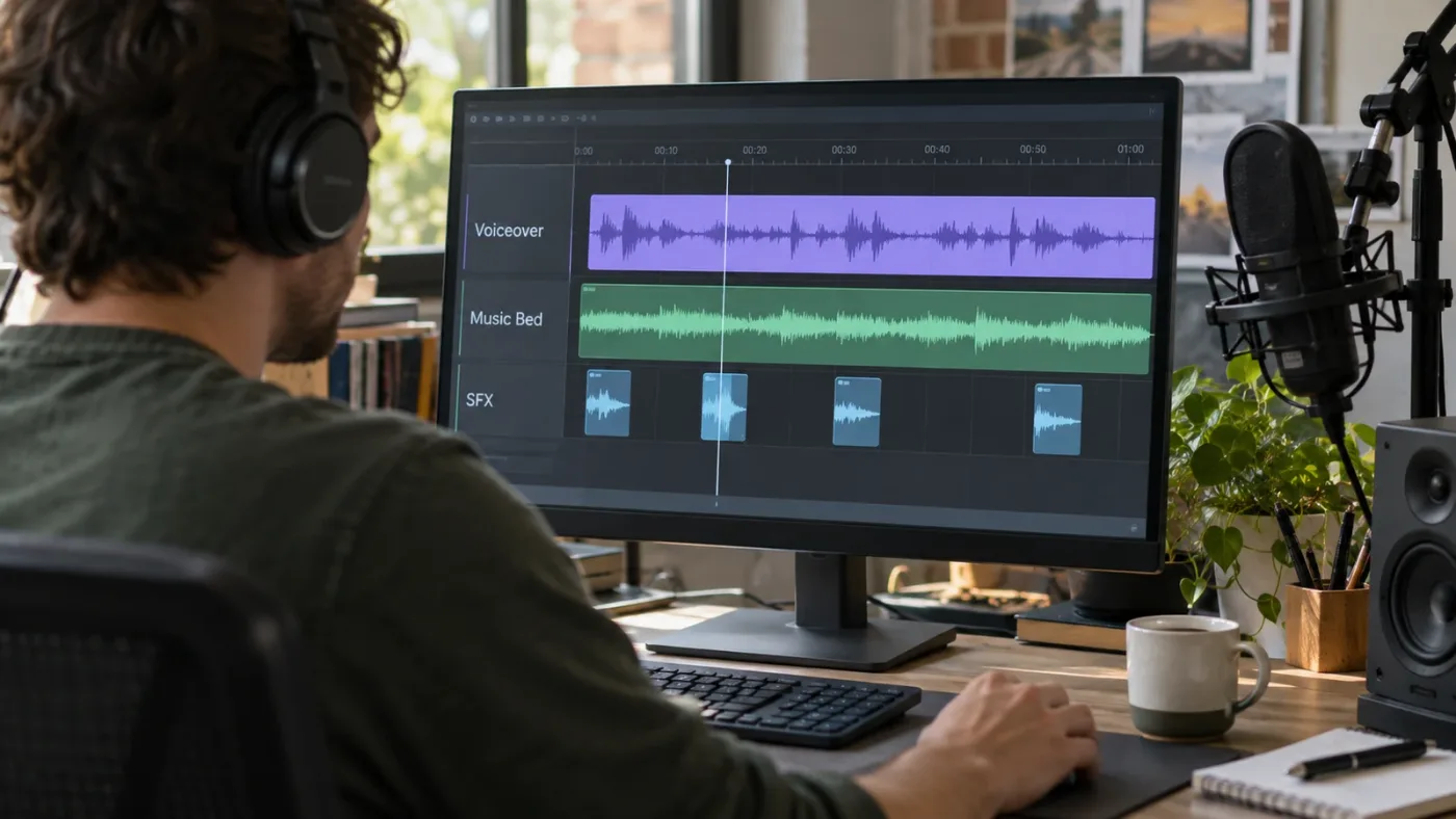 Illustration of a talking-head timeline prepared for an AI-assisted mix