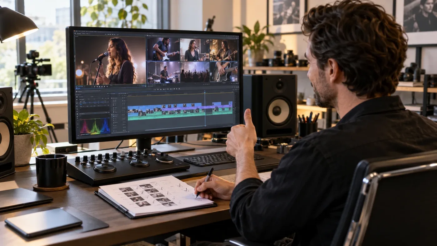 Illustration of a finished multicam first pass being reviewed for picture and sound