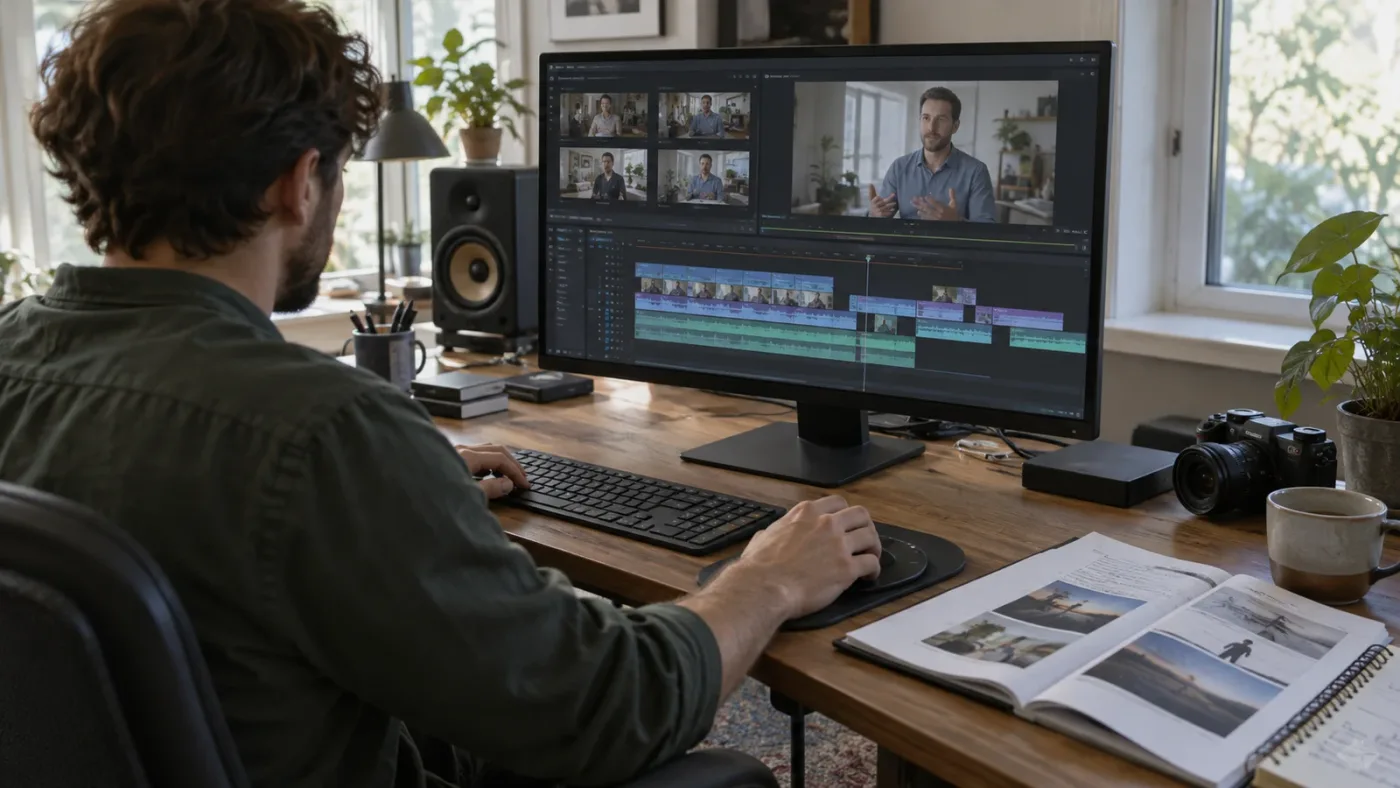 Illustration of a learner practicing multicam editing with a short synced sample