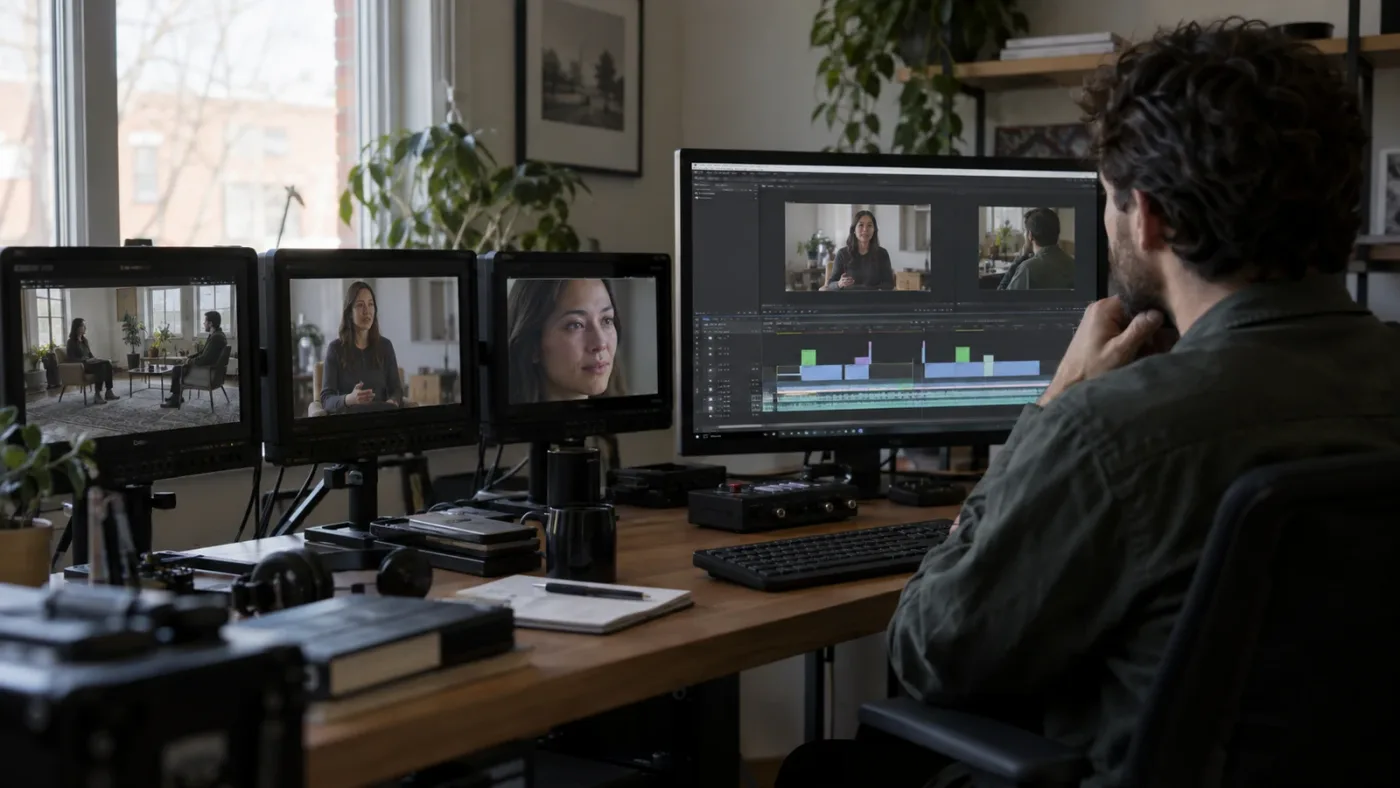 Illustration of three camera angles feeding a DaVinci Resolve multicam timeline