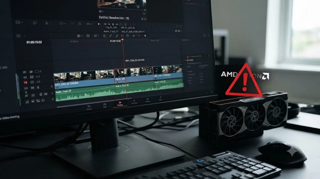 Illustration of a DaVinci Resolve launch crash dialog next to Windows Event Viewer showing a faulting AMD driver module