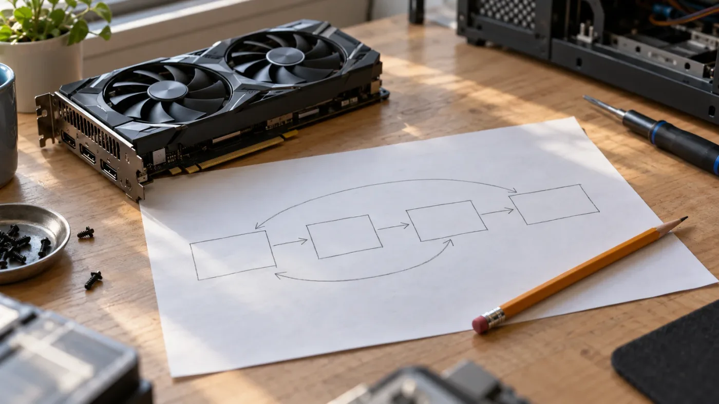 Illustration of a checklist connecting a graphics card, driver, operating system, and Resolve version.